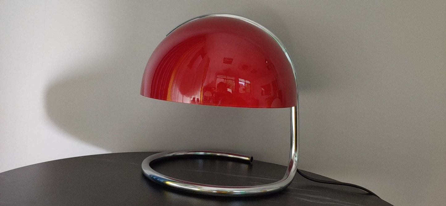 Table Lamp Retro Metal Bedroom Bedside Lamp Mushroom Lamp with red dome shade and chrome curved base, ideal for vintage home décor.
