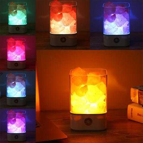 USB Crystal Himalayan Salt LED Lamp glowing on a desk
