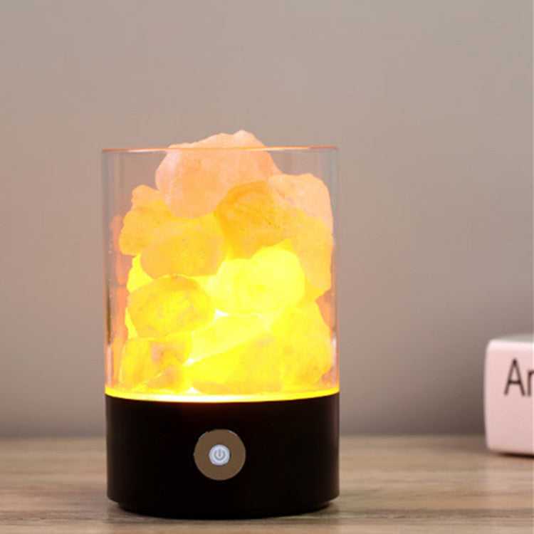 USB Crystal Himalayan Salt LED Lamp glowing on table

