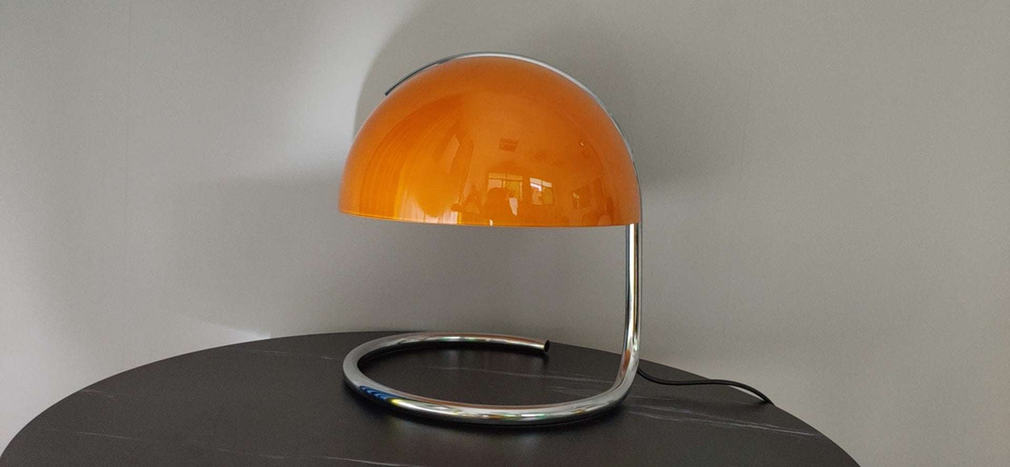 Table Lamp Retro Metal Bedroom Bedside Lamp Mushroom Lamp with orange dome shade and chrome curved base, ideal for vintage home décor.