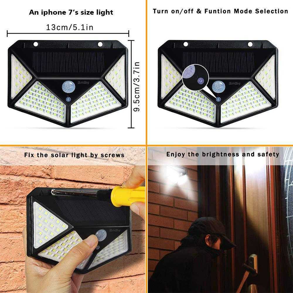 LED Solar Wall Light for Outdoor Garden with motion sensor and waterproof design. Energy-saving light shown with size comparison to iPhone 7.
