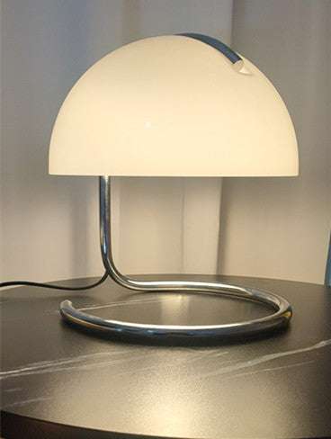 Table Lamp Retro Metal Bedroom Bedside Lamp Mushroom Lamp with curved chrome base and dome-shaped white shade, ideal for vintage home décor.