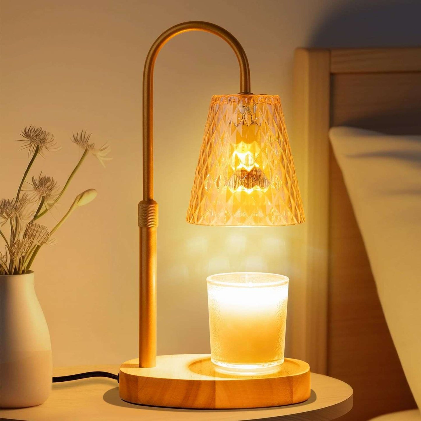 LumaGlow™ flame-free candle warmer lamp on bedside table

