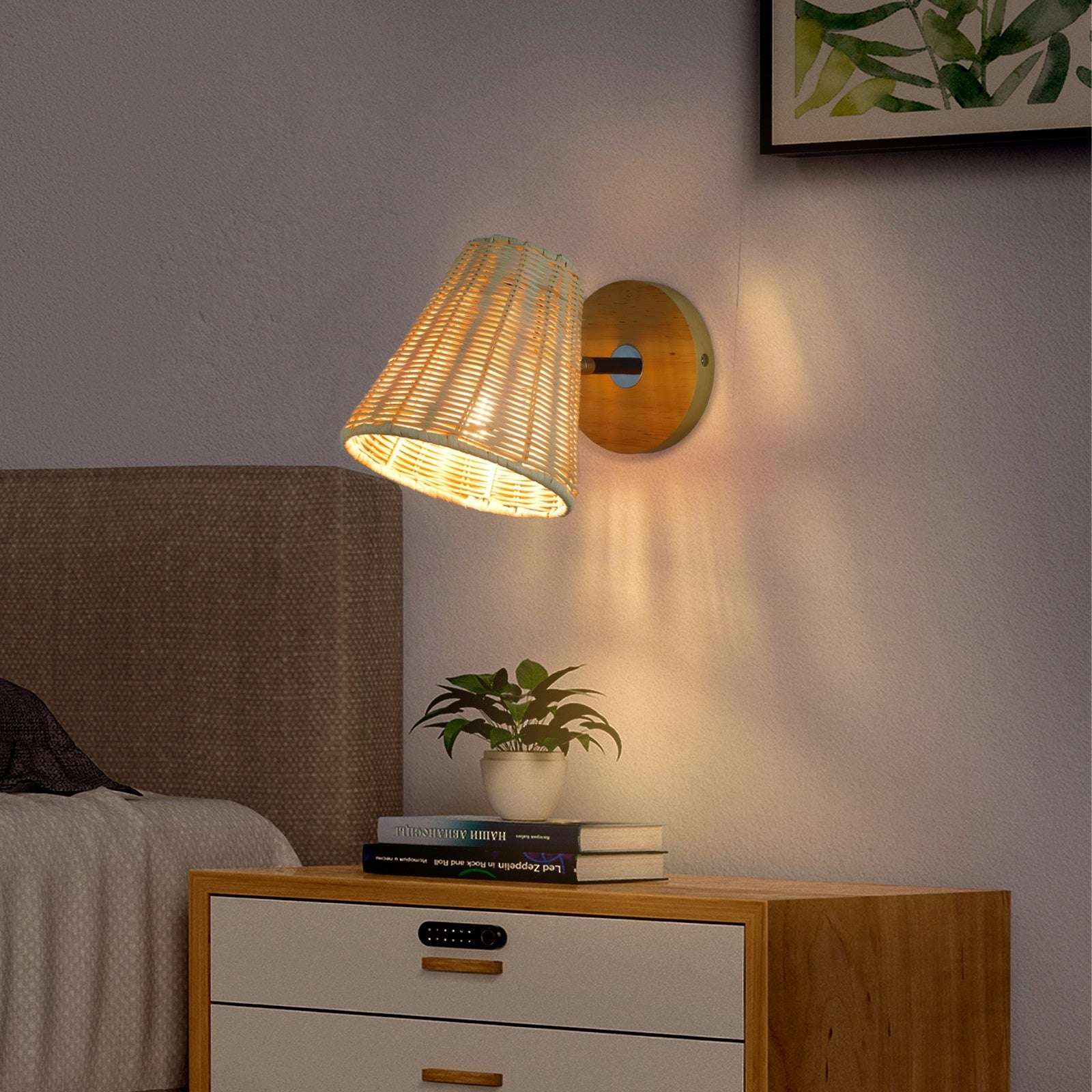Rattan wall lamp mounted beside bedroom mirror

